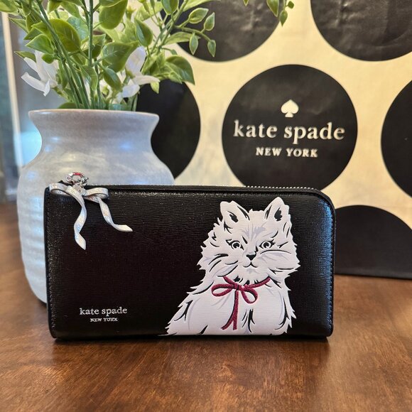 kate spade Handbags - Kate Spade Whiskers Saffiano Leather Zip Around Continental Wallet White Cat Bow